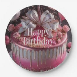 Assiettes En Carton Elegant Pink & Gold Birthday Cake Design