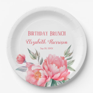 Assiettes En Carton Elégant Pink Peony Botanical Anniversaire Brunch