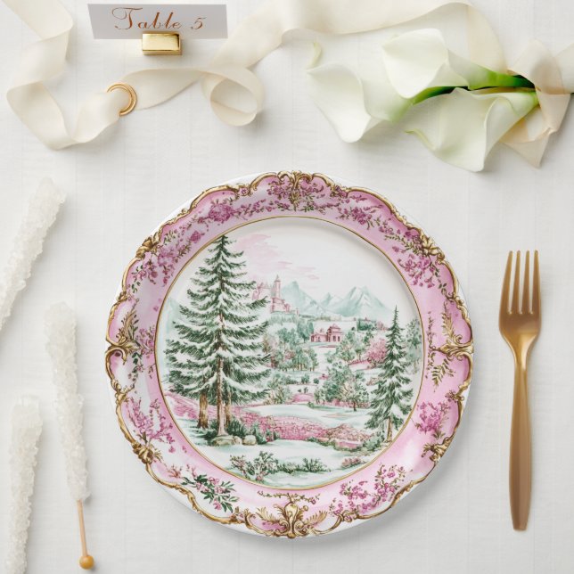 Assiettes En Carton Elegant Pink Rococo Holiday Dining  (Mariage)