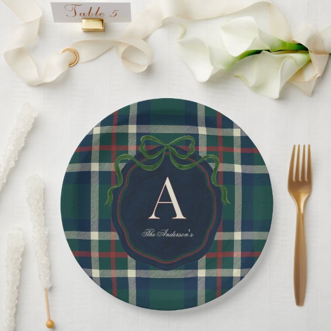 Assiettes En Carton Elegant Preppy Plaid Monogram Christmas (Mariage)