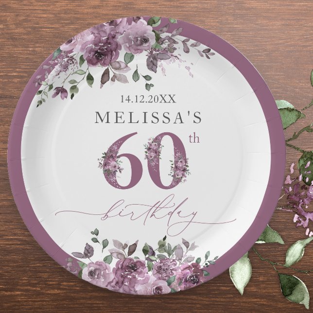 Assiettes En Carton Élégant Purple Floral 60e anniversaire (Créateur téléchargé)