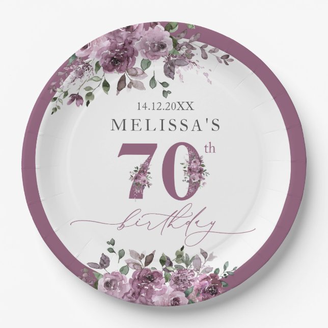 Assiettes En Carton Élégant Purple Floral 70e anniversaire (Devant)