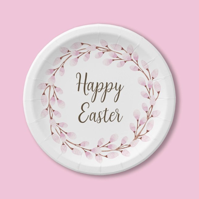 Assiettes En Carton Elégant Pussy Rose Saule Joyeux Pâques (Elegant Pink Pussy Willow Happy Easter Paper Plates)
