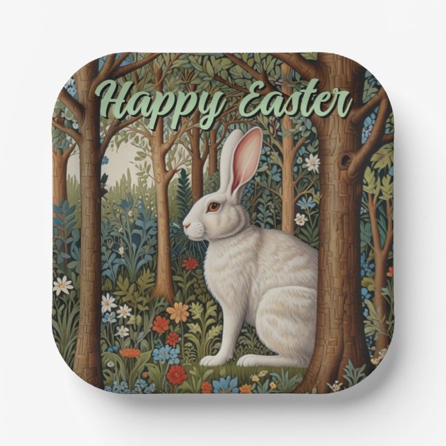 Assiettes En Carton Elégant retro boho blanc lapin boisé Pâques (Recto)
