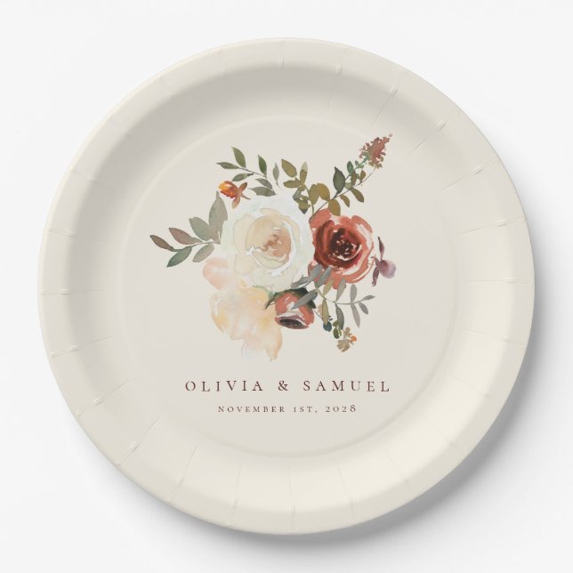 Assiettes En Carton Élégant Romantique automne Floral Mariage rouge (Devant)