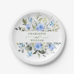Assiettes En Carton Elégant Rose bleu Eucalyptus Mariage floral 