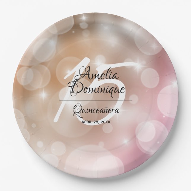 Assiettes En Carton Elégant rose Blush Quinceañera (Devant)