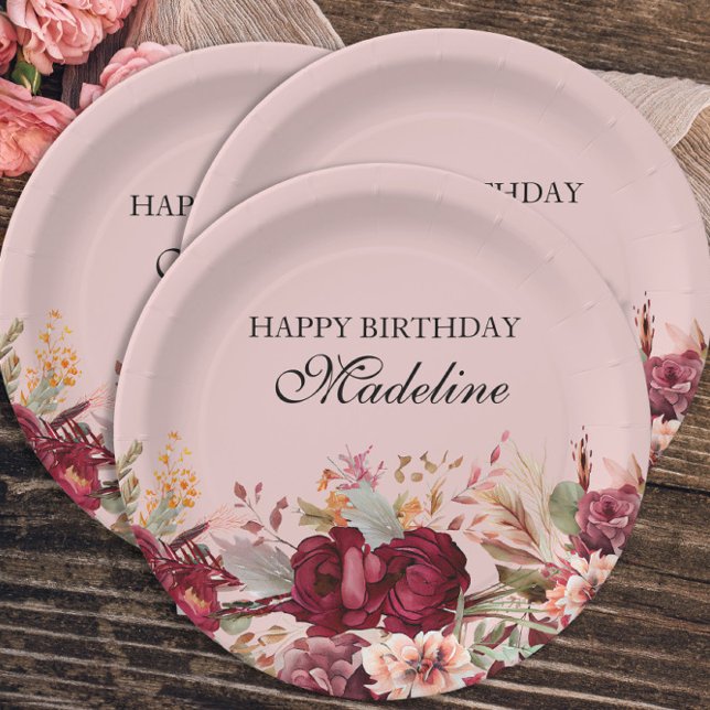 Assiettes En Carton Elégant rose Bourgogne Floral Joyeux Anniversaire (Créateur téléchargé)