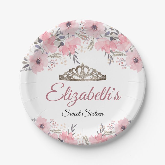 Assiettes En Carton Élégant rose de la couronne fleurie douce 16 Anniv (Devant)