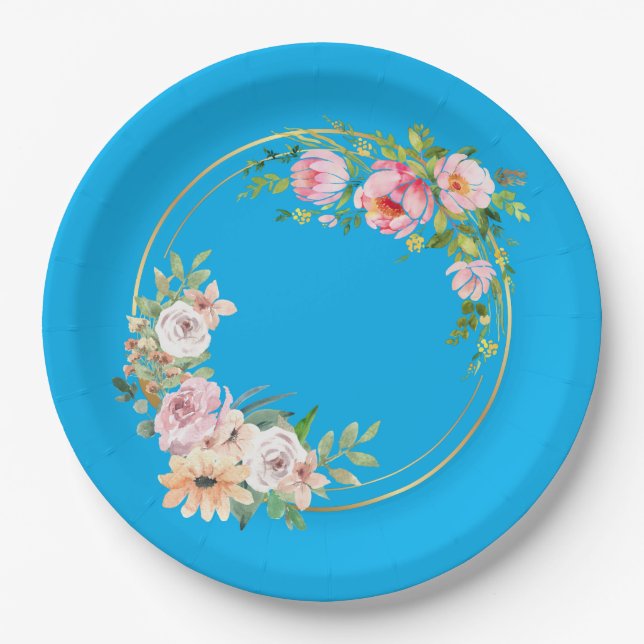 Assiettes En Carton Élégant rose et or Fleur Wreath Plaque papier bleu (Devant)