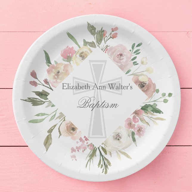 Assiettes En Carton Élégant rose floral Baptême Parti Religieux Person (Créateur téléchargé)
