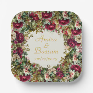 Assiettes En Carton Élégant Rose Floral Mariage islamique