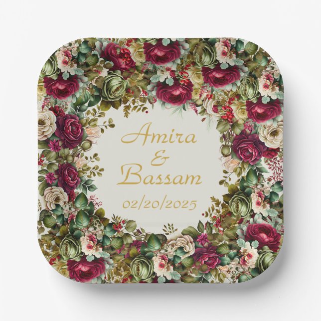 Assiettes En Carton Élégant Rose Floral Mariage islamique (Recto)
