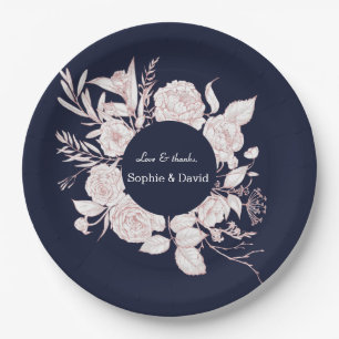 Assiettes En Carton Elégant Rose Gold Flowers Marine Blue Mariage