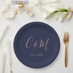 Assiettes En Carton Élégant Rose Monogram Mariage de marine