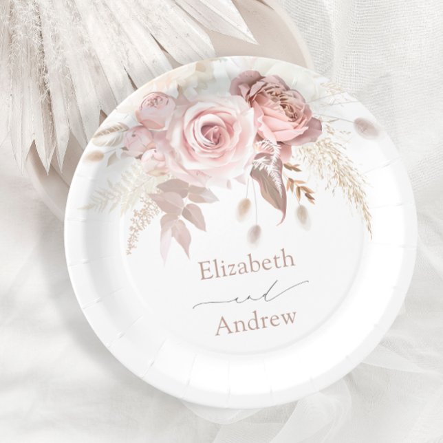 Assiettes En Carton Élégant rose rose pâle Rose floral Mariage (Créateur téléchargé)