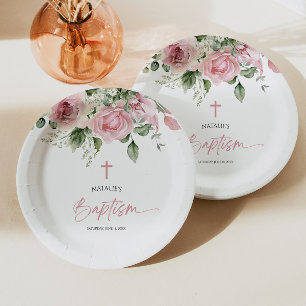 Assiettes En Carton Élégant rose rose rose floral Baptême