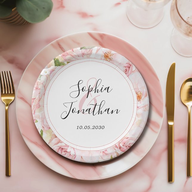 Assiettes En Carton Élégant rose Roses Mariage personnalisé (Elegant Pink Roses Personalized Wedding Paper Plate)
