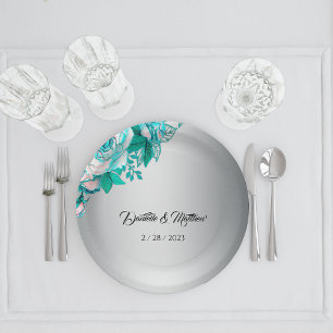Assiettes En Carton Elégant Roses Aqua sur Mariage Argent
