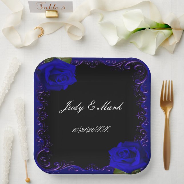 Assiettes En Carton Élégant Roses Goth Blue (Mariage)