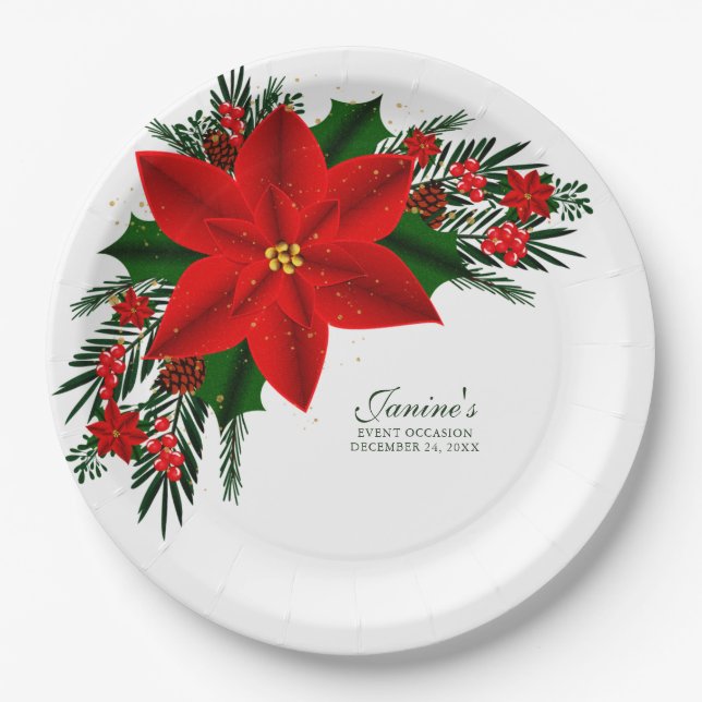 Assiettes En Carton Élégant Rouge Floral Poinsettia Pine Feuilles (Devant)