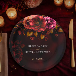 Assiettes En Carton Elégant rouge noir Mariage moody romantique