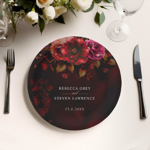 Assiettes En Carton Elégant rouge noir Mariage moody romantique