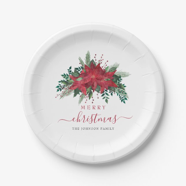 Assiettes En Carton Élégant Rouge Poinsettia Floral Script Noël (Devant)