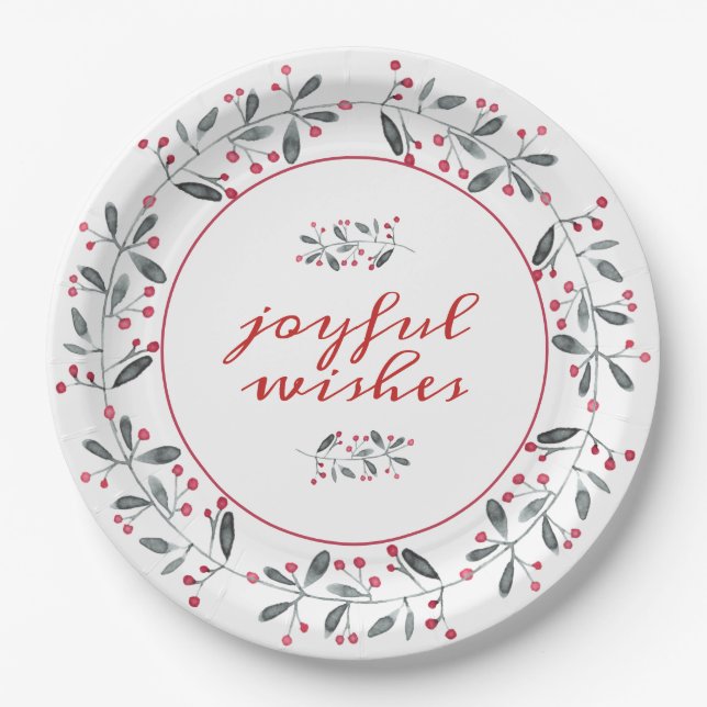 Assiettes En Carton Élégant rouge & vert Holly Wreath Noël (Devant)