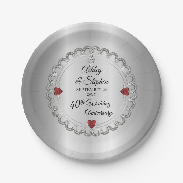 Assiettes En Carton Elégant Ruby | Diamants 40e anniversaire du Mariag (Devant)