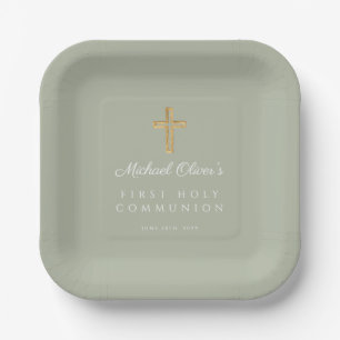 Assiettes En Carton Elégant Sage Croix verte Première communion sainte