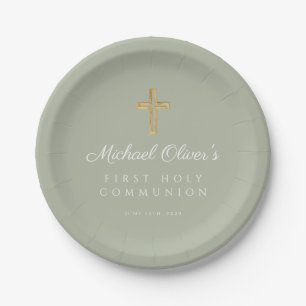 Assiettes En Carton Elégant Sage Croix verte Première communion sainte