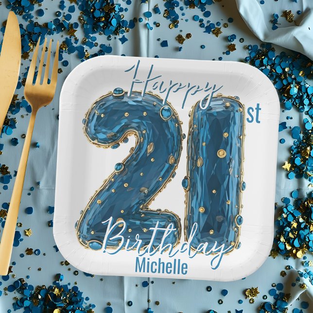 Assiettes En Carton Elégant Sapphire Bleu & Or 21e anniversaire (Créateur téléchargé)
