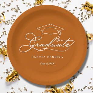 Assiettes En Carton Élégant Script Casquette Grad Burnt Orange Graduat