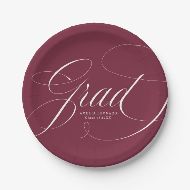 Assiettes En Carton Élégant Script de calligraphie Grad Maroon Graduat (Devant)