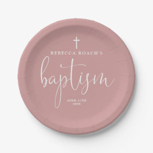 Assiettes En Carton Élégant Script Dusty Rose Pink Baptism