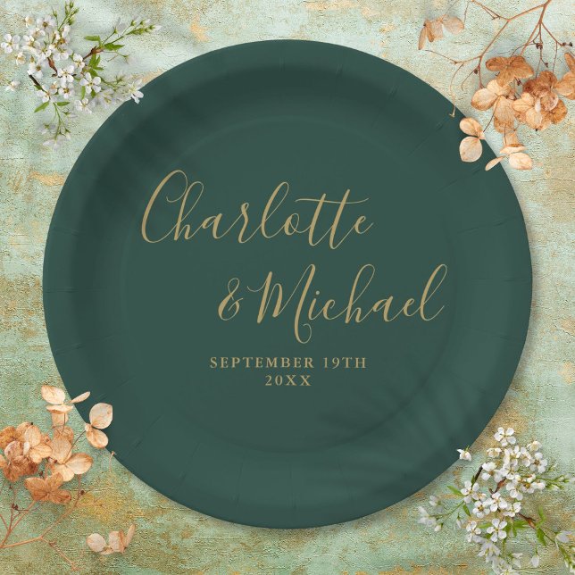 Assiettes En Carton Élégant Script Emerald Vert Et Mariage Or (Elegant Script Emerald Green And Gold Wedding Paper Plates)