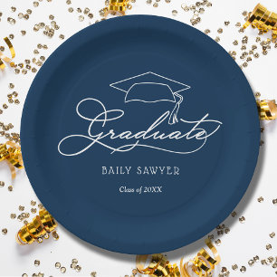 Assiettes En Carton Élégant Script Grad Casquette Marine Bleu Graduati