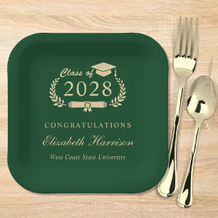 Assiettes En Carton Élégant Script Green Gold Graduation Party