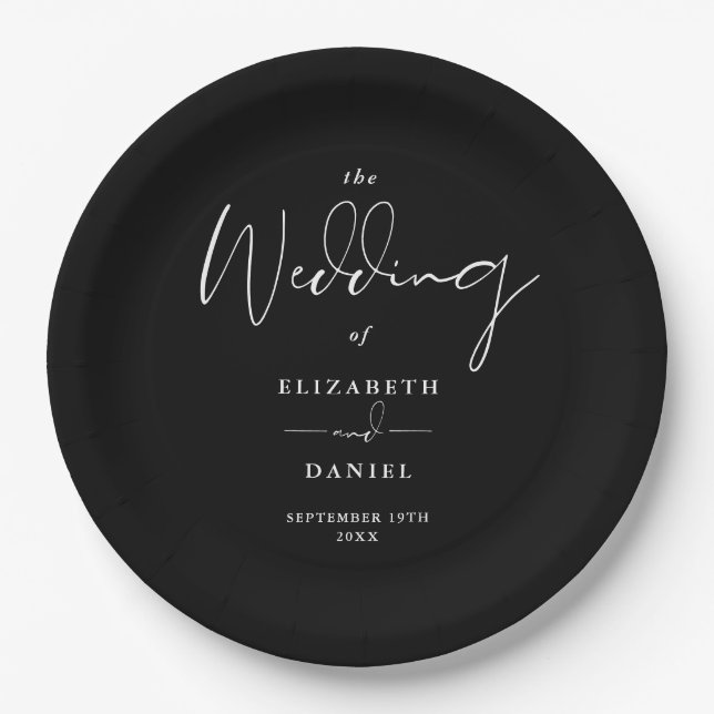 Assiettes En Carton Élégant Script Moderne Mariage noir et blanc (Devant)