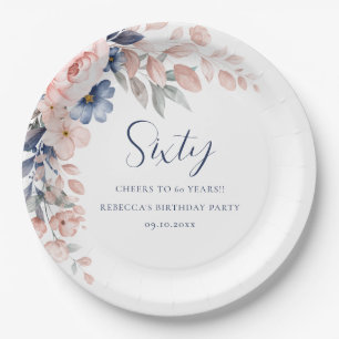 Assiettes En Carton Élégant script rose floral 60e anniversaire