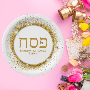 Assiettes En Carton Elégant Seder de Pâque Juif Blanc et Or