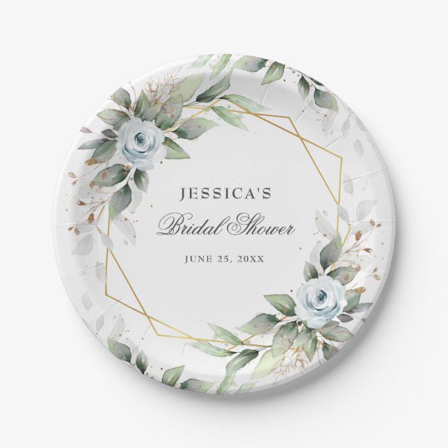 Assiettes En Carton Élégant shower de mariage floral de verdure bleu p (Devant)