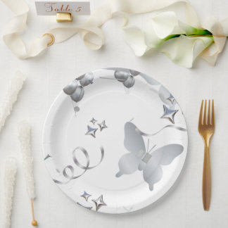 Assiettes En Carton Elegant Silver Butterfly Wedding Paper Plate | Min