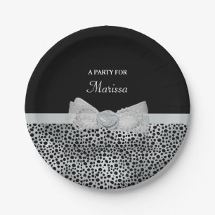 Assiettes En Carton Elegant Silver Cheetah Imprimer Frilly Bow Nom de