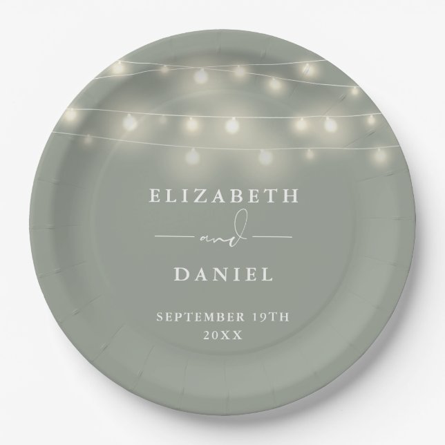 Assiettes En Carton Elegant String Lights Sage Green Wedding (Devant)