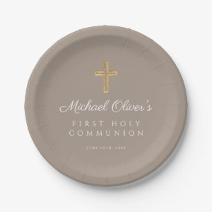 Assiettes En Carton Elégant Taupe Religieux Croix Première Communion