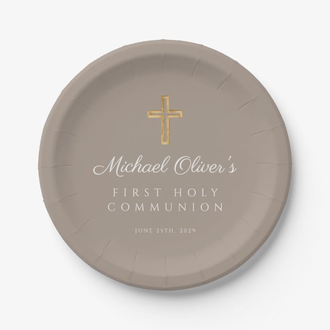 Assiettes En Carton Elégant Taupe Religieux Croix Première Communion (Devant)