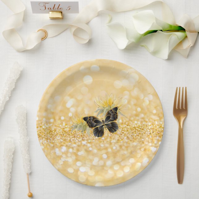 Assiettes En Carton Élégant tournesol étincelant noir papillon or (Mariage)