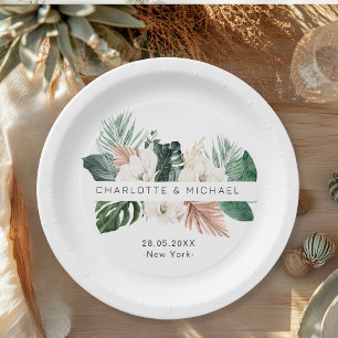 Assiettes En Carton Élégant, tropical, mariage feutré